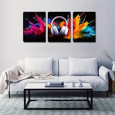3pcs Vibrant Headphone Explosion Wall Art Set Canvas Framed 50x70cm - High Quality Print 100% Australian Made Wall Canvas Ready to Hang