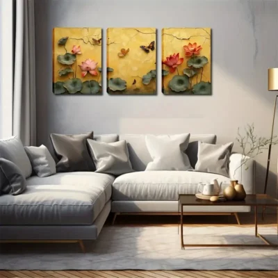 3pcs Lotus Flowers with Water and Butterflies  Wall Art Set Canvas Framed 50x70cm - High Quality Print 100% Australian Made Wall Canvas Ready to Hang
