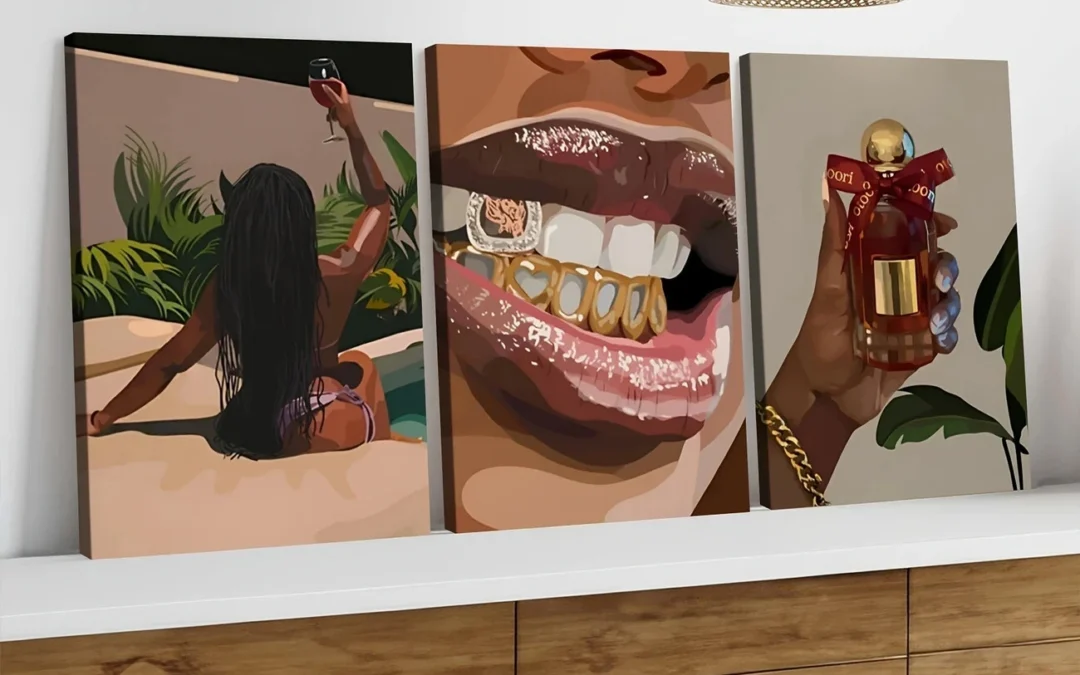 3pcs Woman Art Black Girl Green Leaves Red Gold Wall Art Set Canvas Framed 40x60cm – High Quality Print 100% Australian Made Wall Canvas Ready to Hang