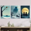 3pcs Winter Scene Blue Bird, And Moonlit Snow Wall Art Set Canvas Framed 40x60cm - High Quality Print 100% Australian Made Wall Canvas Ready to Hang