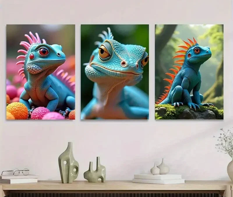 3pcs Vibrant Lizard Triptych Colorful Reptile Wall Art Set Canvas Framed 40x60cm – High Quality Print 100% Australian Made Wall Canvas Ready to Hang