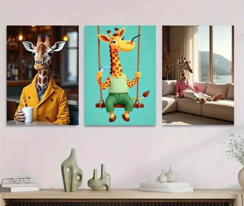 3pcs Colorful Giraffe Whimsical Modern Painting Wall Art Set Canvas Framed 40x60cm – High Quality Print 100% Australian Made Wall Canvas Ready to Hang