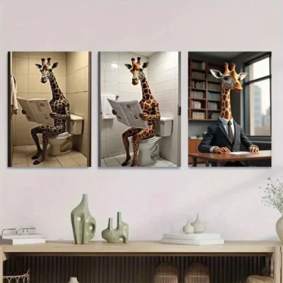 3pcs Giraffe Reading Newspapers Modern & Classic Wall Art Set Canvas Framed 40x60cm - High Quality Print 100% Australian Made Wall Canvas Ready to Hang