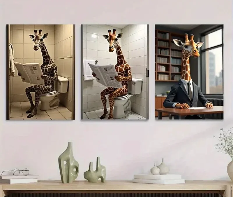 3pcs Giraffe Reading Newspapers Modern & Classic Wall Art Set Canvas Framed 40x60cm – High Quality Print 100% Australian Made Wall Canvas Ready to Hang