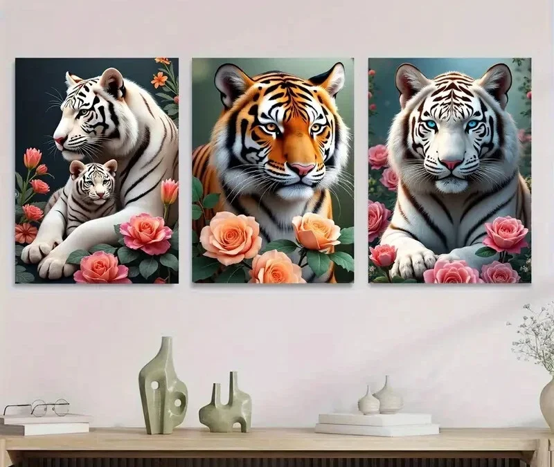 3pcs Stunning Tiger Vibrant Wildlife Paintings Wall Art Set Canvas Framed 40x60cm – High Quality Print 100% Australian Made Wall Canvas Ready to Hang
