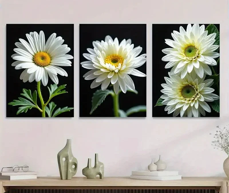 3pcs White Daisy Floral Modern Flower Painting Wall Art Set Canvas Framed 40x60cm – High Quality Print 100% Australian Made Wall Canvas Ready to Hang