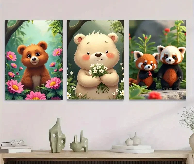 3pcs Charming Forest Friends Cute Bears & Pandas Wall Art Set Canvas Framed 40x60cm – High Quality Print 100% Australian Made Wall Canvas Ready to Hang