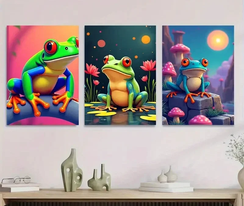 3pcs Colorful Frog Vibrant And Fun Picture Wall Art Set Canvas Framed 40x60cm – High Quality Print 100% Australian Made Wall Canvas Ready to Hang