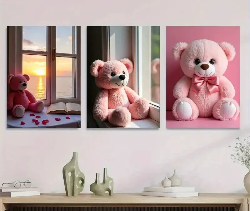 3pcs Charming Pink Teddy Bear Romantic Sunset Wall Art Set Canvas Framed 40x60cm – High Quality Print 100% Australian Made Wall Canvas Ready to Hang