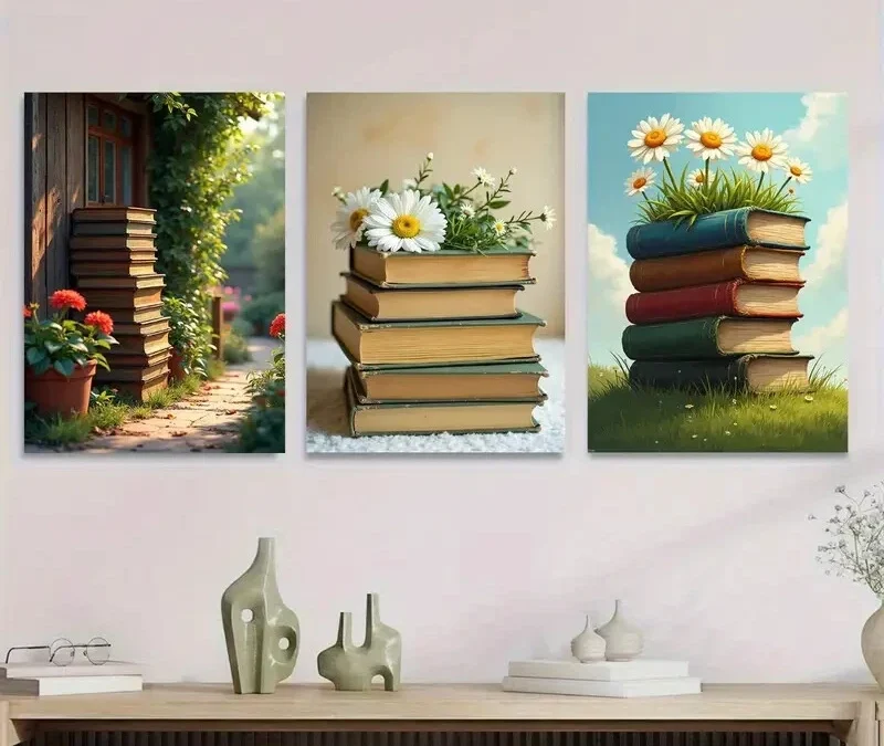 3pcs Charming Garden Path And Books Picture Wall Art Set Canvas Framed 40x60cm – High Quality Print 100% Australian Made Wall Canvas Ready to Hang