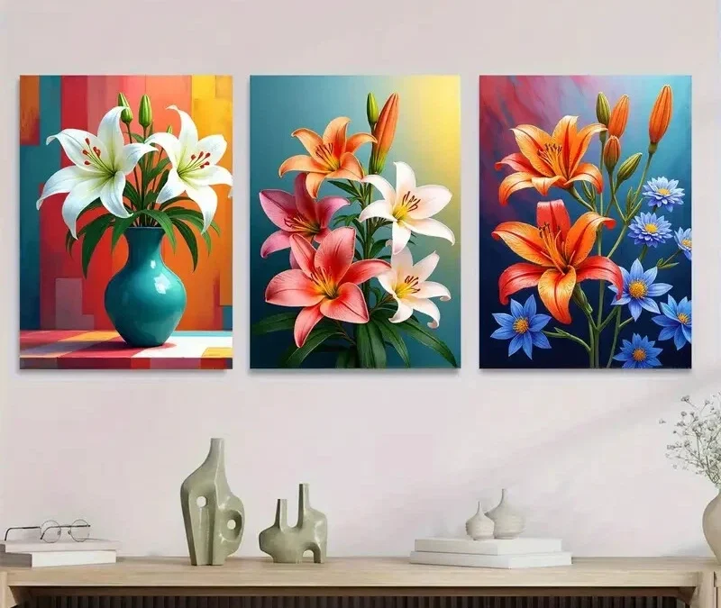 3pcs Vibrant Lily Flower Triptych Modern Classic Wall Art Set Canvas Framed 40x60cm – High Quality Print 100% Australian Made Wall Canvas Ready to Hang