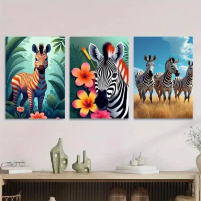 3pcs Colorful Zebra Picture Folwer Vibrant Wall Art Set Canvas Framed 40x60cm - High Quality Print 100% Australian Made Wall Canvas Ready to Hang