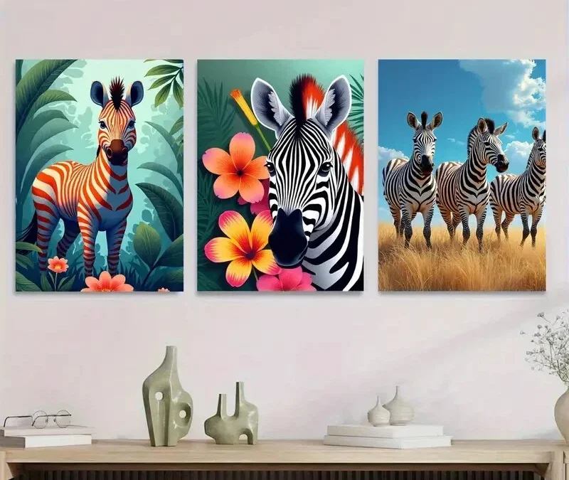 3pcs Colorful Zebra Picture Folwer Vibrant Wall Art Set Canvas Framed 40x60cm – High Quality Print 100% Australian Made Wall Canvas Ready to Hang
