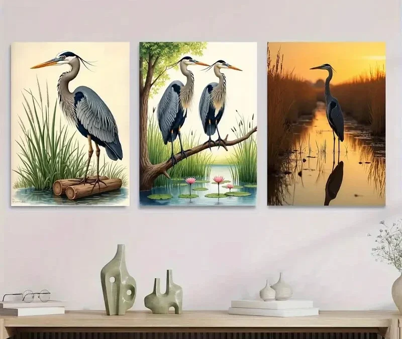 3pcs Herons in Nature Triptych Vertical Bird Wall Art Set Canvas Framed 40x60cm – High Quality Print 100% Australian Made Wall Canvas Ready to Hang