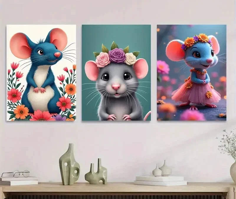3pcs Charming Mouse Cute Animal Picture Wall Art Set Canvas Framed 40x60cm – High Quality Print 100% Australian Made Wall Canvas Ready to Hang
