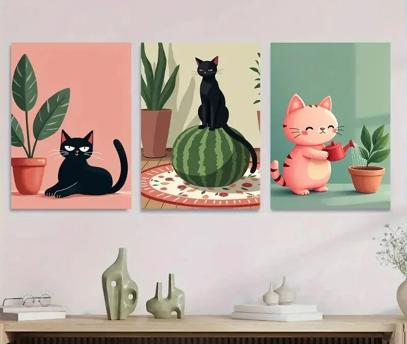 3pcs Charming Cat Cute Black And Pink Kitties Wall Art Set Canvas Framed 40x60cm – High Quality Print 100% Australian Made Wall Canvas Ready to Hang