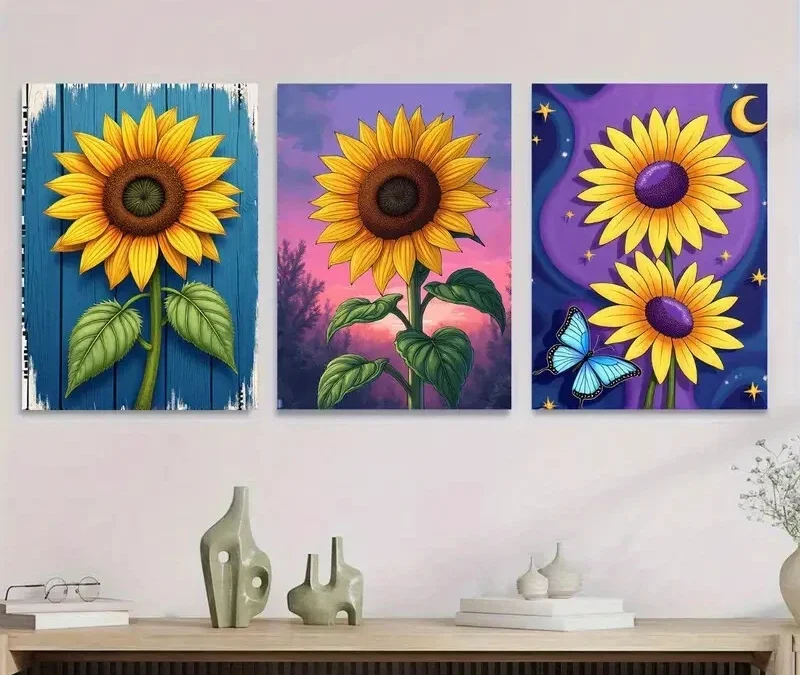 3pcs Vibrant Sunflower Modern Classic Floral Sky Wall Art Set Canvas Framed 40x60cm – High Quality Print 100% Australian Made Wall Canvas Ready to Hang