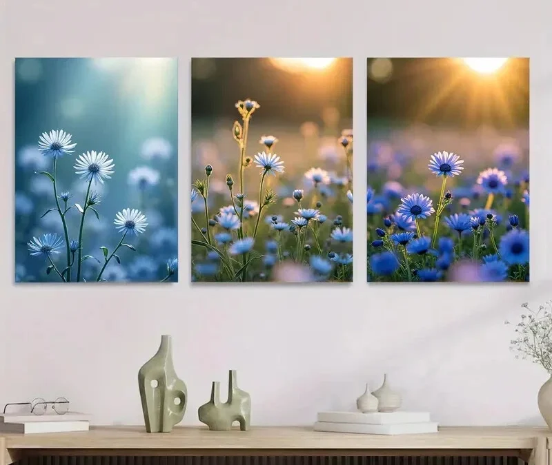 3pcs Blue And White Floral Daisies Snapdragons Wall Art Set Canvas Framed 40x60cm – High Quality Print 100% Australian Made Wall Canvas Ready to Hang