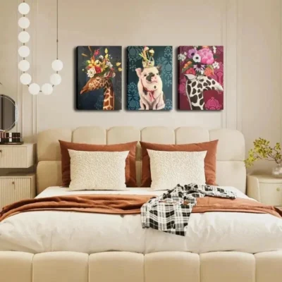 3pcs Cute Deer and Pig with Floral Crowns Wall Art Set Canvas Framed 40x60cm - High Quality Print 100% Australian Made Wall Canvas Ready to Hang