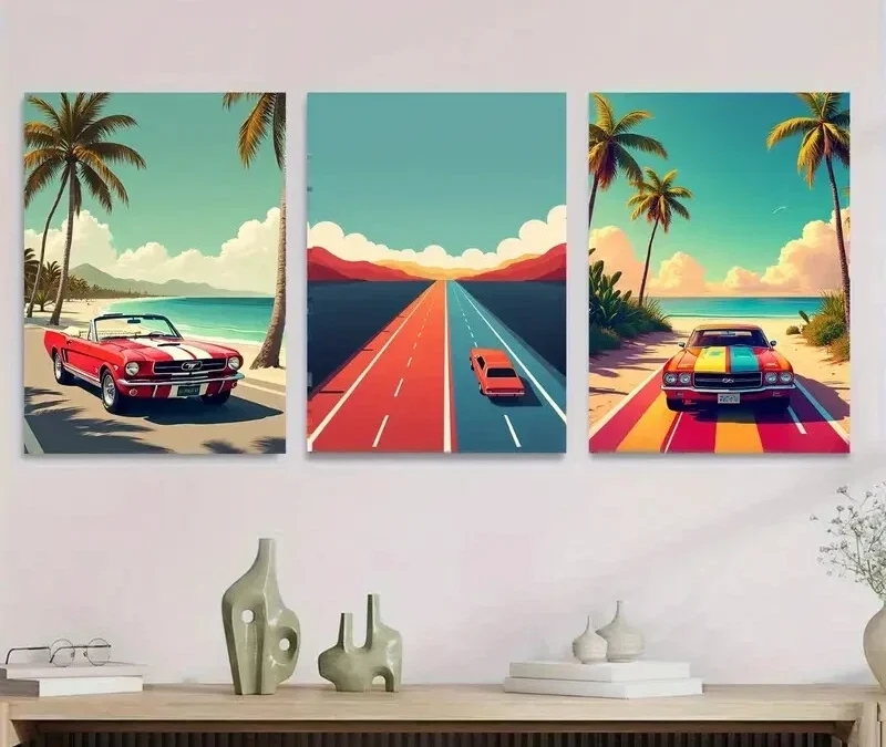3pcs Vintage Car Coastal Road Beach Palm Trees Wall Art Set Canvas Framed 40x60cm – High Quality Print 100% Australian Made Wall Canvas Ready to Hang