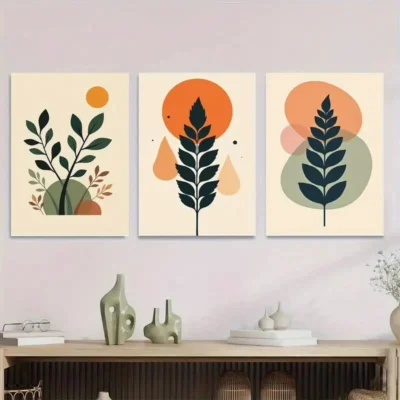 3pcs Modern Abstract Botanical Beige & Orange Wall Art Set Canvas Framed 40x60cm - High Quality Print 100% Australian Made Wall Canvas Ready to Hang