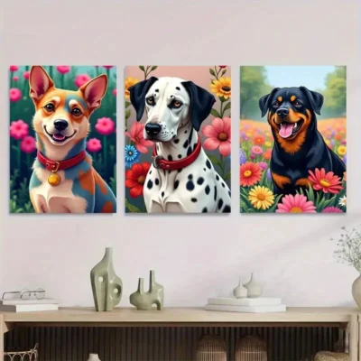 3pcs Vibrant Dog Colorful Pet Paintings Floral Wall Art Set Canvas Framed 40x60cm - High Quality Print 100% Australian Made Wall Canvas Ready to Hang