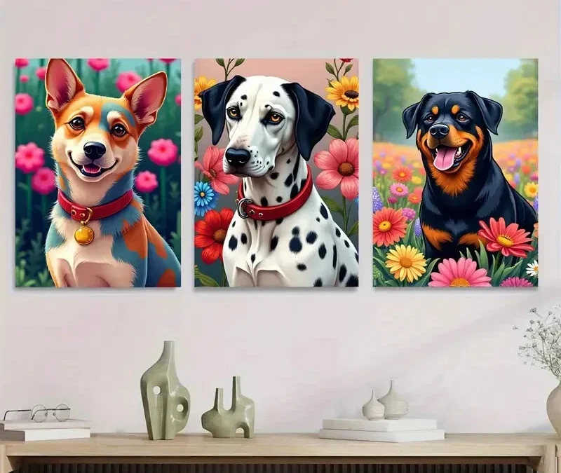 3pcs Vibrant Dog Colorful Pet Paintings Floral Wall Art Set Canvas Framed 40x60cm – High Quality Print 100% Australian Made Wall Canvas Ready to Hang