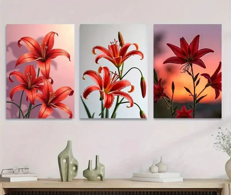 3pcs Red Lily Flower Vibrant Floral Orange Wall Art Set Canvas Framed 40x60cm – High Quality Print 100% Australian Made Wall Canvas Ready to Hang