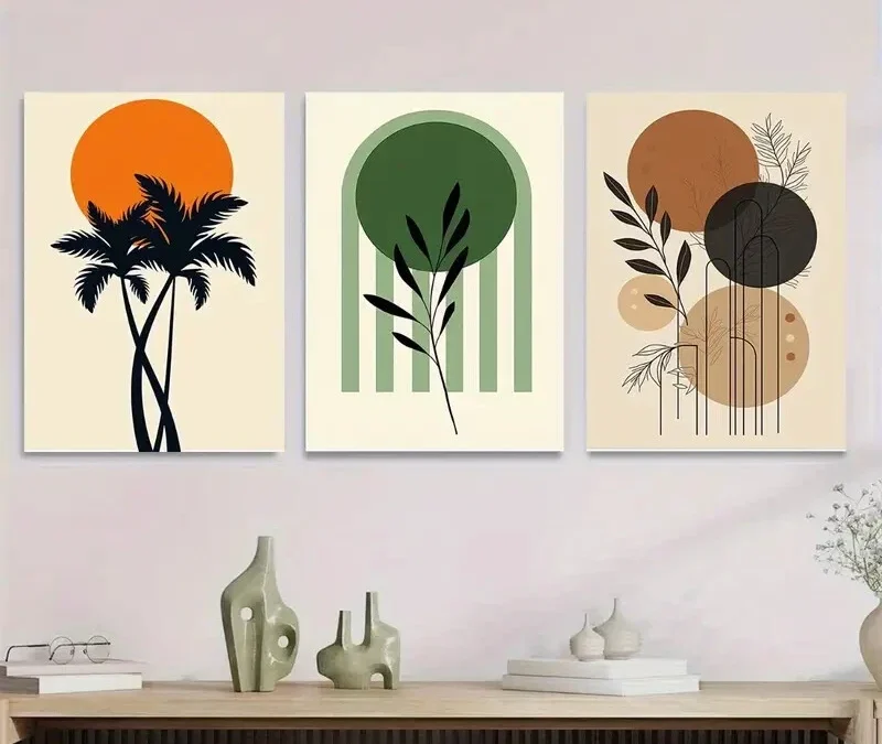 3pcs Tropical Palm Tree, Green Leaves Orange Wall Art Set Canvas Framed 40x60cm – High Quality Print 100% Australian Made Wall Canvas Ready to Hang