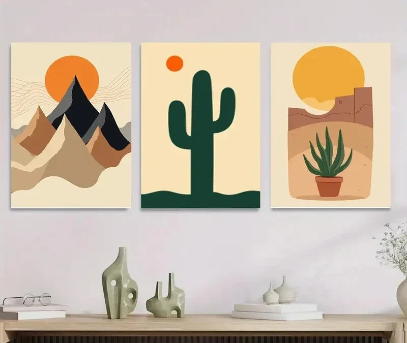 3pcs Modern Desert Landscape Abstract Cactus Wall Art Set Canvas Framed 40x60cm – High Quality Print 100% Australian Made Wall Canvas Ready to Hang