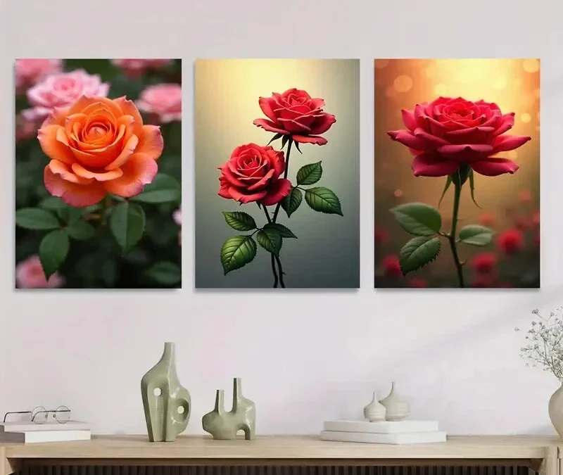 3pcs Vibrant Pink, Orange & Red Roses Green Wall Art Set Canvas Framed 40x60cm – High Quality Print 100% Australian Made Wall Canvas Ready to Hang