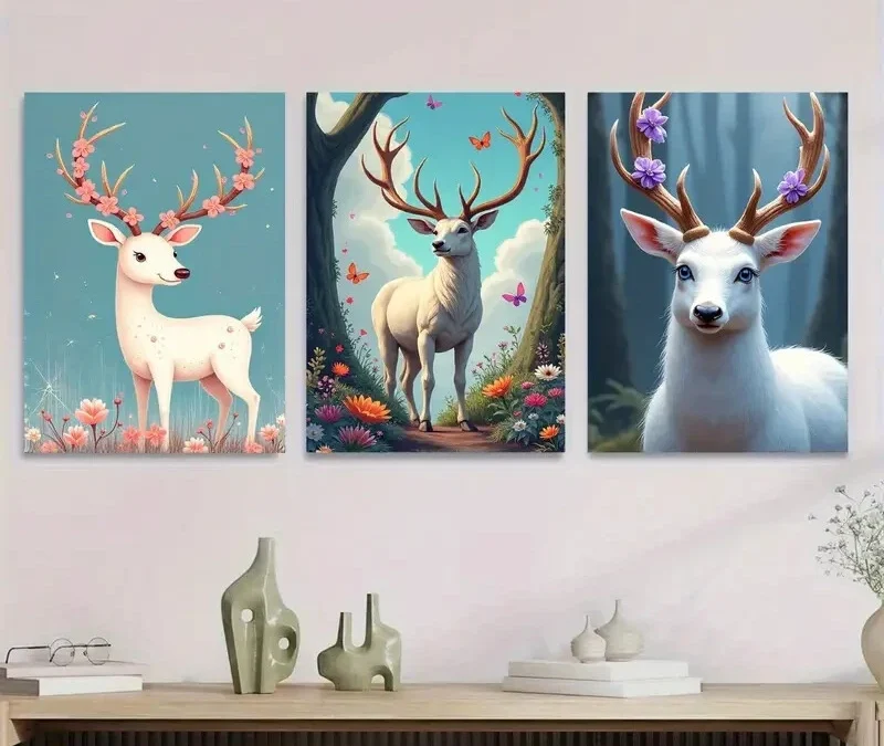 3pcs Deer Forest Triptych Blossoms & Butterflies Wall Art Set Canvas Framed 40x60cm – High Quality Print 100% Australian Made Wall Canvas Ready to Hang