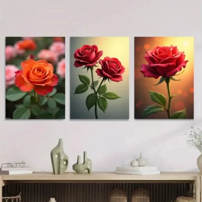 3pcs Vibrant Rose Flower Green Picture Wall Art Set Canvas Framed 40x60cm - High Quality Print 100% Australian Made Wall Canvas Ready to Hang