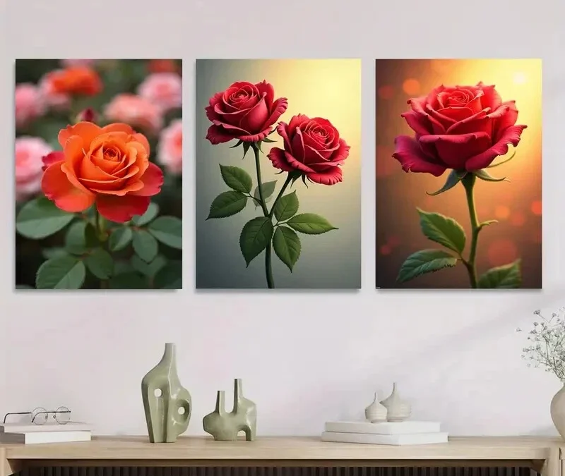 3pcs Vibrant Rose Flower Green Picture Wall Art Set Canvas Framed 40x60cm – High Quality Print 100% Australian Made Wall Canvas Ready to Hang