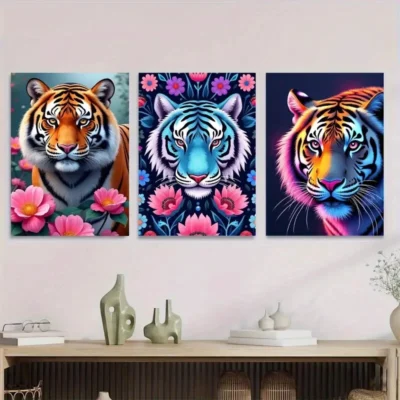 3pcs Vibrant Tiger Modern Picture Wall Art Set Canvas Framed 40x60cm - High Quality Print 100% Australian Made Wall Canvas Ready to Hang