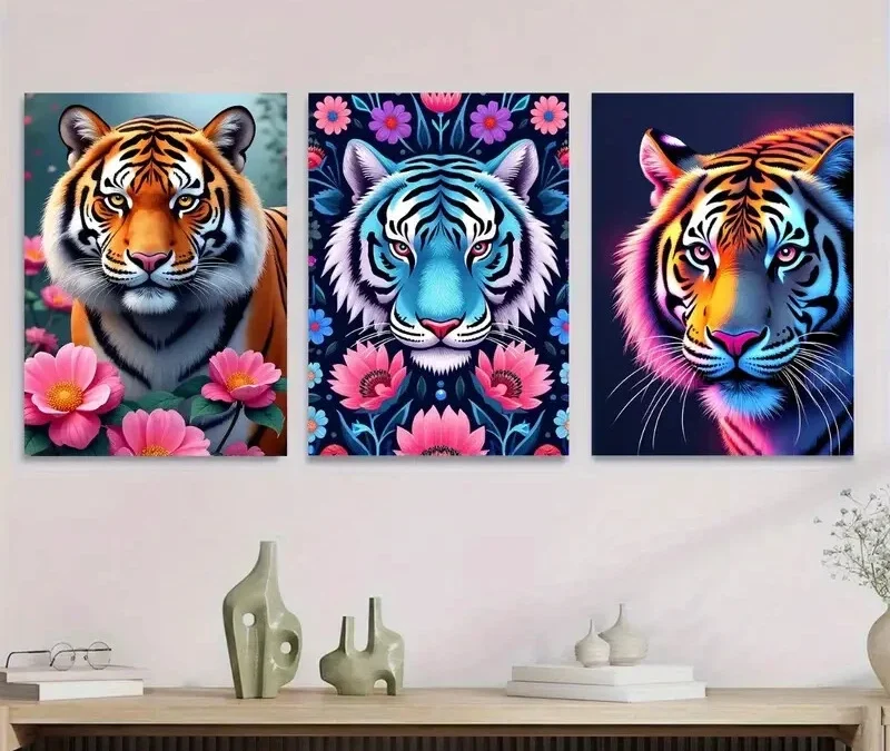 3pcs Vibrant Tiger Modern Picture Wall Art Set Canvas Framed 40x60cm – High Quality Print 100% Australian Made Wall Canvas Ready to Hang