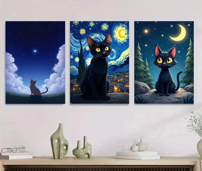 3pcs Starry Night Cat Triptych Vibrant Black Cat Wall Art Set Canvas Framed 40x60cm – High Quality Print 100% Australian Made Wall Canvas Ready to Hang