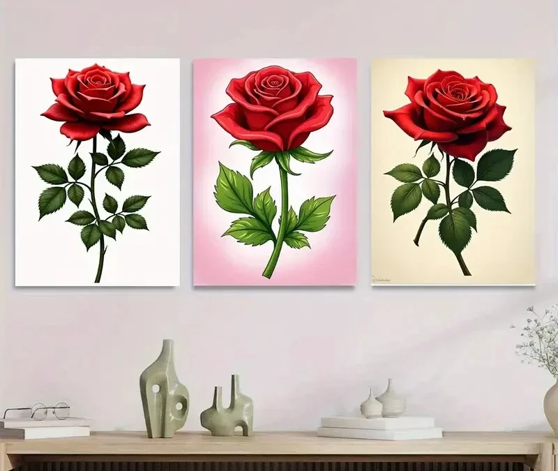 3pcs Elegant Red Rose Triptych Classic & Glam Wall Art Set Canvas Framed 40x60cm – High Quality Print 100% Australian Made Wall Canvas Ready to Hang