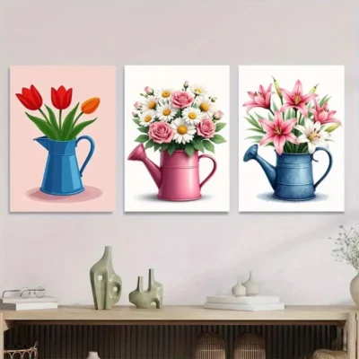 3pcs Colorful Floral Bouquets in Watering Cans Wall Art Set Canvas Framed 40x60cm - High Quality Print 100% Australian Made Wall Canvas Ready to Hang