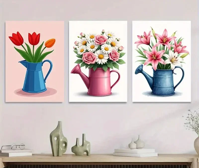 3pcs Colorful Floral Bouquets in Watering Cans Wall Art Set Canvas Framed 40x60cm – High Quality Print 100% Australian Made Wall Canvas Ready to Hang