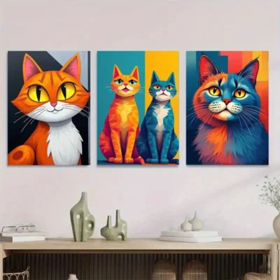 3pcs Colorful Cat Vibrant Animal Paintings Wall Art Set Canvas Framed 40x60cm - High Quality Print 100% Australian Made Wall Canvas Ready to Hang