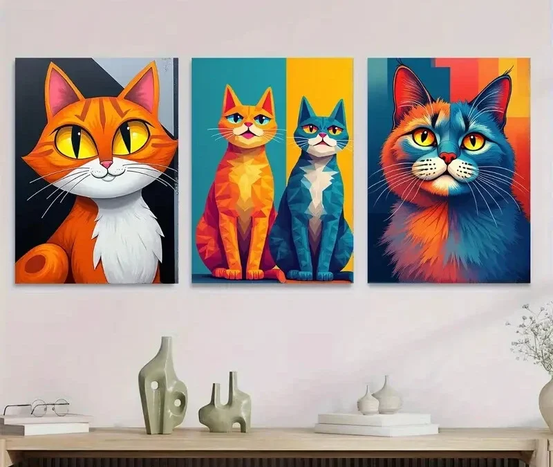 3pcs Colorful Cat Vibrant Animal Paintings Wall Art Set Canvas Framed 40x60cm – High Quality Print 100% Australian Made Wall Canvas Ready to Hang