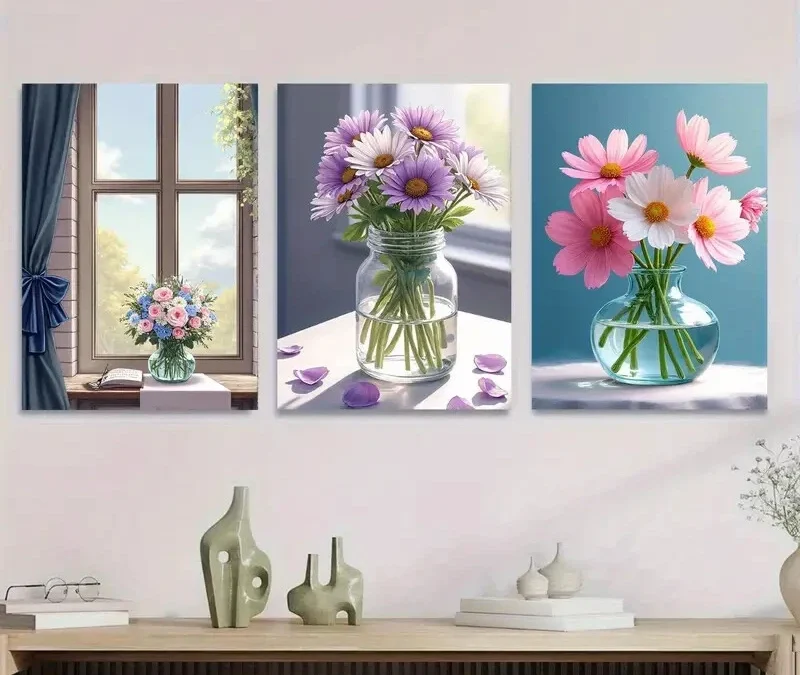 3pcs Floral Bouquet Vibrant Flowers in Vases Wall Art Set Canvas Framed 40x60cm – High Quality Print 100% Australian Made Wall Canvas Ready to Hang