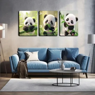 3pcsThe lovely Panda Eating Bamboo Wall Art Set Canvas Framed 40x60cm - High Quality Print 100% Australian Made Wall Canvas Ready to Hang