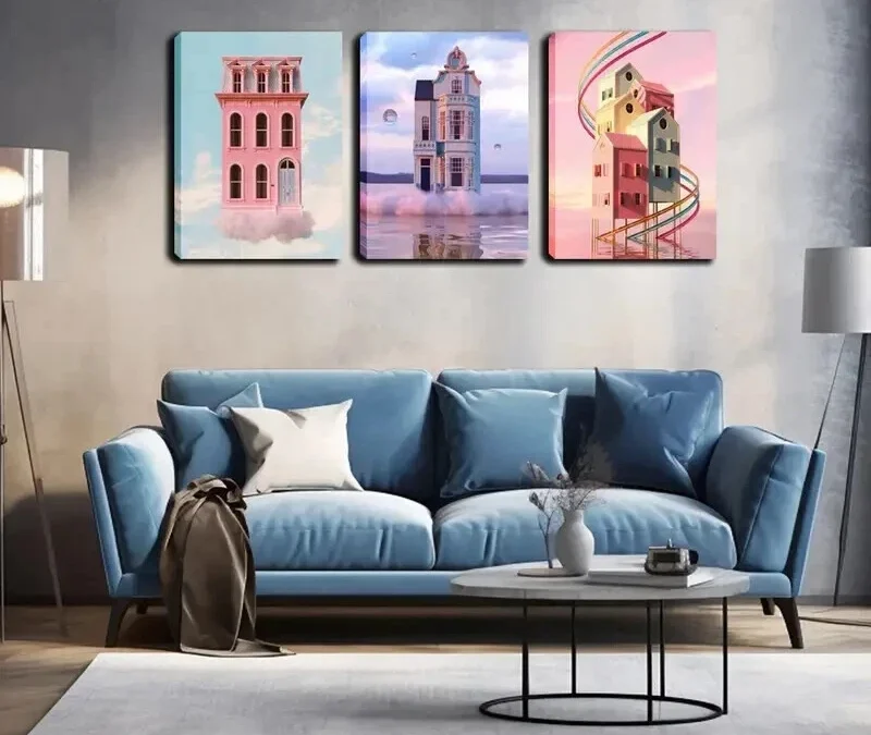 3pcs Colorful House Scenes  Wall Art Set Canvas Framed 40x60cm – High Quality Print 100% Australian Made Wall Canvas Ready to Hang