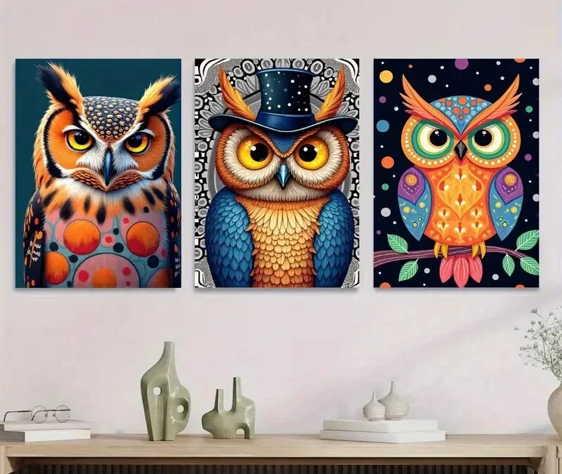 3pcs Colorful Owl Vibrant Modern Dark Blue Wall Art Set Canvas Framed 40x60cm – High Quality Print 100% Australian Made Wall Canvas Ready to Hang