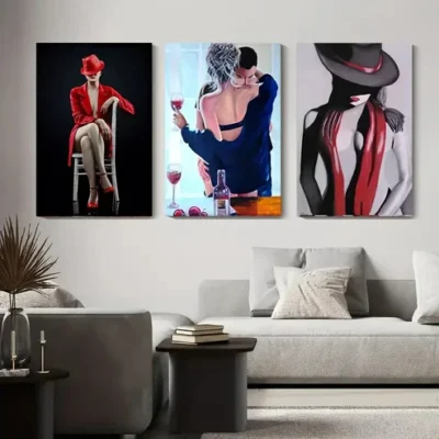 3pcs Women in Red & Black, Wine Glass, Hats Wall Art Set Canvas Framed 40x60cm - High Quality Print 100% Australian Made Wall Canvas Ready to Hang