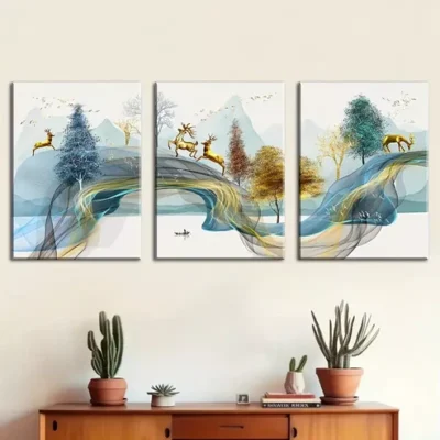 3pcs Modern Geometric Abstract Line Deer Forest Wall Art Set Canvas Framed 40x60cm - High Quality Print 100% Australian Made Wall Canvas Ready to Hang