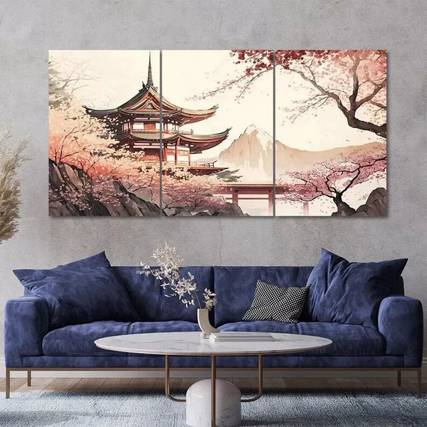 3pcs Chinese Temple Scenery Painting Style Canvas Framed 50x70cm- High Quality Print 100% Australian Made Wall Canvas Ready to Hang