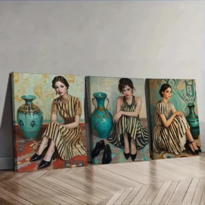 3pcs Featuring a Vintage-Style Girl, Wall Art Set Canvas Framed 50x70cm - High Quality Print 100% Australian Made Wall Canvas Ready to Hang